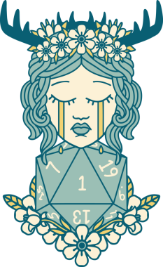 Retro Dövme Tarzı Ağlayan İnsan Druid Bir insan tarafından çizilmiş doğal bir D20 ruloyla