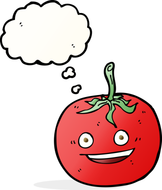 Bir insan tarafından çizilmiş düşünce baloncuklu domates.