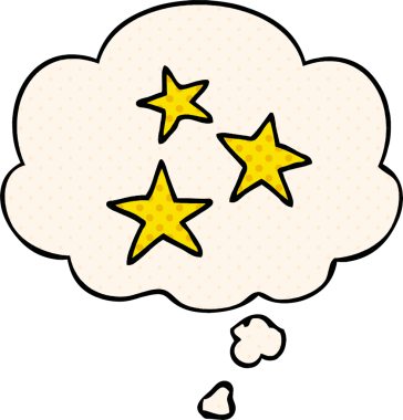 Çizgi roman tarzında bir insan tarafından çizilmiş düşünce baloncuklu çizgi film yıldızları sembolleri.
