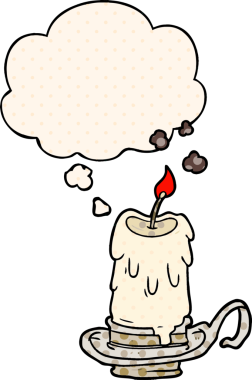 Çizgi roman tarzında bir insan tarafından çizilmiş düşünce baloncuğu olan karikatürümsü bir mum.