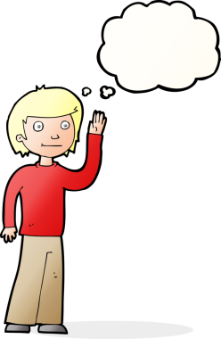 Bir insan tarafından çizilmiş düşünce baloncuğuyla el sallayan çizgi film dostu çocuk.