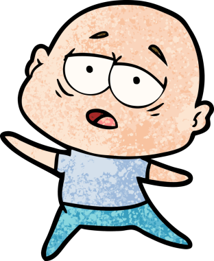 Bir insan tarafından çizilmiş yorgun, kel bir adam.