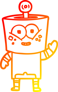 Bir insan tarafından çizilen el sallayan mutlu çizgi film robotunun sıcak çizgi çizimi