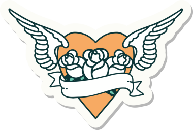 Geleneksel kalp stili dövme çıkartması. Kanatları, çiçekleri ve insan sancağıyla çizilmiş.