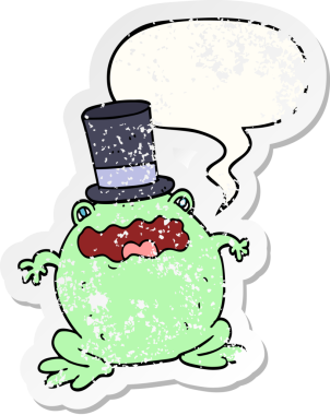 Konuşma balonlu silindir şapka giyen çizgi film karakurbağası, bir insan tarafından çizilmiş sıkıntılı eski bir çıkartma.