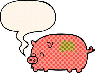 Bir insan tarafından çizilmiş çizgi roman tarzında konuşma balonu olan şirin bir domuz.