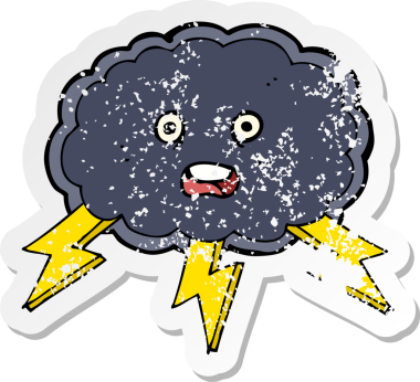 Bir insan tarafından çizilmiş karikatür bulutu ve yıldırım sembolünün gerilimli retro yapıştırması