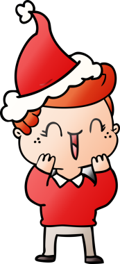 Bir insan tarafından çizilmiş Noel Baba şapkası giymiş gülen bir çocuğun el çizimi karikatürü.