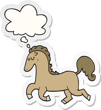 İnsan tarafından çizilmiş bir çıkartma gibi düşünce baloncuğuyla koşan çizgi film atı.