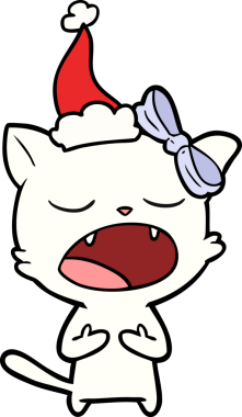 Bir insan tarafından çizilmiş Noel Baba şapkası giymiş bir kedi miyavlıyor.