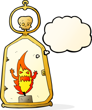 Bir insan tarafından çizilmiş düşünce baloncuklu karikatürlü ürkütücü fener.