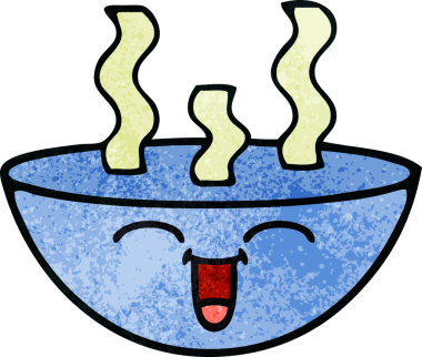 Bir insan tarafından çizilmiş sıcak çorba kasesinin retro grunge desenli karikatürü.