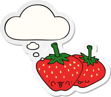 Düşünce baloncuklu karikatür çilekleri insan tarafından çizilmiş bir çıkartma gibi.