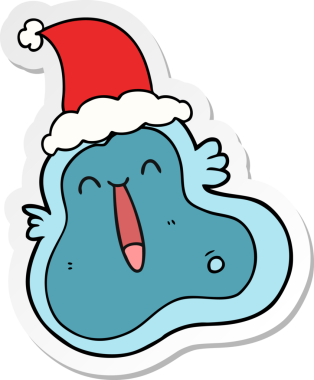 Bir insan tarafından çizilmiş Noel Baba şapkası giyen bir mikropun el çizimi karikatürü.