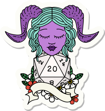 Bir insan tarafından çizilmiş doğal yirmi zarla yapıştırılmış bir etiket.