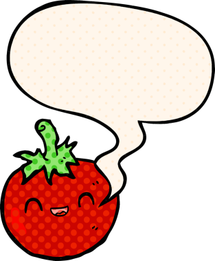 Bir insan tarafından çizilmiş çizgi roman tarzında konuşma baloncuğu olan şirin bir domates.