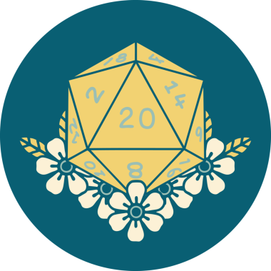 Retro Dövme Biçimi Doğal 20 D20 zar bir insan tarafından çizilmiş çiçek elementleriyle