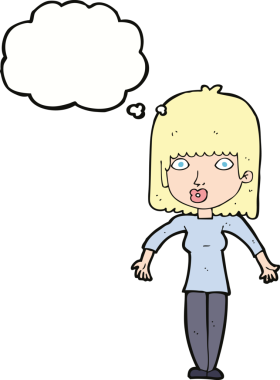 Bir insan tarafından çizilmiş düşünce baloncuğuyla omuz silken çizgi film kadını.