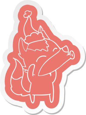 Uluyan Kurt çizgi film çıkartması Noel Baba şapkası giyen bir insan tarafından çizilmiş.