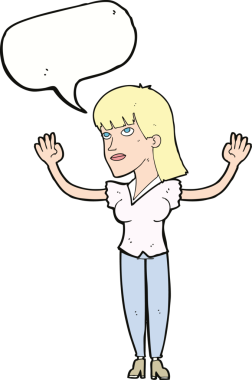 Çizgi filmdeki kadın bir insan tarafından çizilmiş konuşma balonuyla ellerini havaya kaldırıyor.