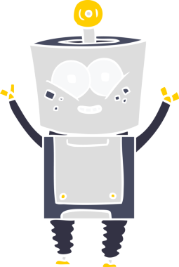 Mutlu düz renkli çizgi film robotu bir insan tarafından çizilmiş merhaba diyor.