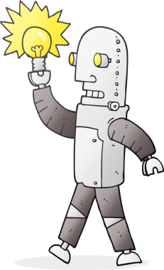 Bir insan tarafından çizilmiş ampullü karikatür robotu.