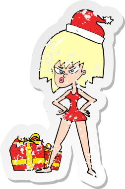 Bir insan tarafından çizilmiş Noel hediyesine kızgın bir karikatür kadının gerilmiş çıkartması.