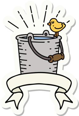 Bir insan tarafından çizilmiş su kovasına tünemiş dövme stili bir kuş çıkartması.