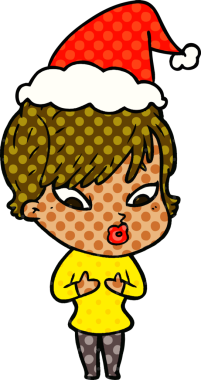 Bir insan tarafından çizilmiş Noel Baba şapkası giyen bir kadının el çizimi çizgi roman tarzı çizimi.