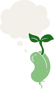 Düşünce baloncuğu ile filizlenen çizgi film bir insan tarafından çizilmiş.