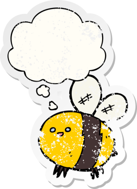 Düşünce baloncuğu olan çizgi film arısı insan tarafından çizilmiş yıpranmış bir çıkartma.