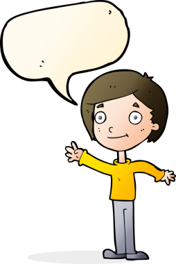 Bir insan tarafından çizilmiş konuşma balonu olan mutlu bir çocuk.