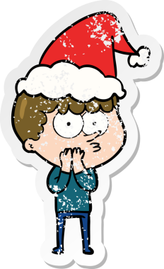 Bir insan tarafından çizilmiş Noel Baba şapkası giymiş meraklı bir çocuğun el çizimi karikatürü.