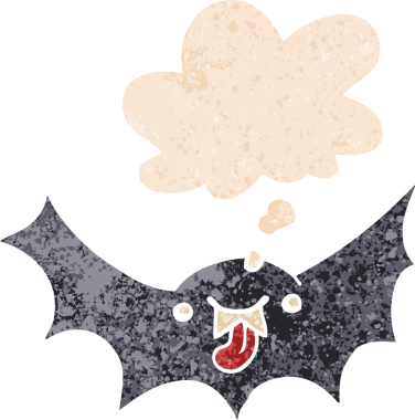 Düşünce baloncuğu olan çizgi vampir yarasa bir insan tarafından çizilmiş dertli retro tarzı