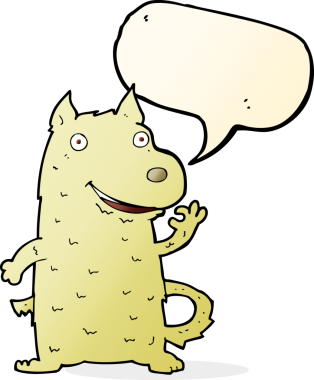 bir insan tarafından çizilmiş konuşma balonlu mutlu bir köpek.