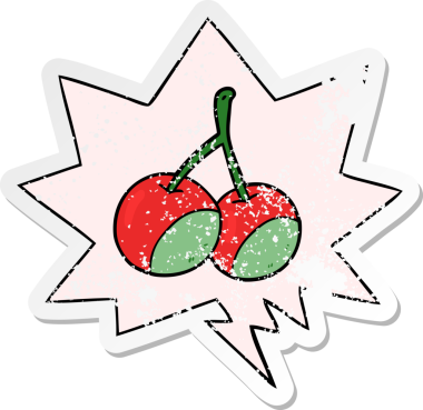 Konuşma baloncuğu olan karikatür kirazları bir insan tarafından çizilmiş sıkıntılı eski bir çıkartma