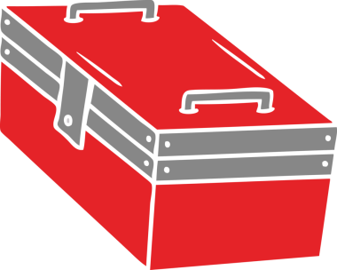 Metal bir alet kutusunun insan eliyle çizilmiş karikatürü.