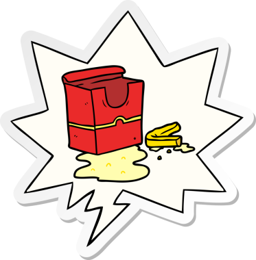 Bir insan tarafından çizilmiş konuşma balonu etiketli boş patates kızartması kutusu.