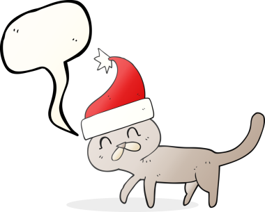 Bir insan tarafından çizilmiş Noel şapkası takan serbest konuşma balonu çizgi filmi kedisi.