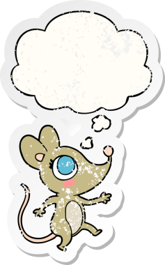 Düşünce baloncuğu olan çizgi film faresi bir insan tarafından çizilmiş yıpranmış bir çıkartma.