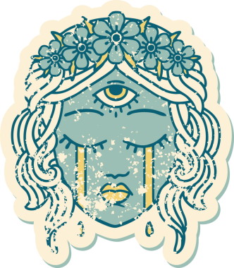 Bir insan tarafından çizilmiş mistik üçüncü gözün ağlayan kadın yüzünün sembolik dövmeli görüntüsü.