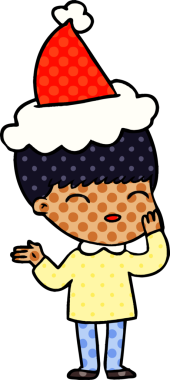 Mutlu el çizimi çizgi roman tarzı Noel Baba şapkası takan bir çocuğun bir insan tarafından çizilmiş resmi.