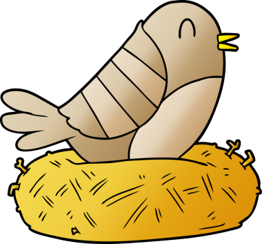 Bir insan tarafından çizilmiş yuvada oturan çizgi film kuşu.