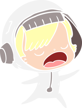 Düz renkli çizgi film konuşan astronot kadın bir insan tarafından çizilmiş.