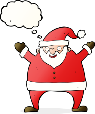 Bir insan tarafından çizilmiş düşünce baloncuklu Noel Baba çizgi filmi.