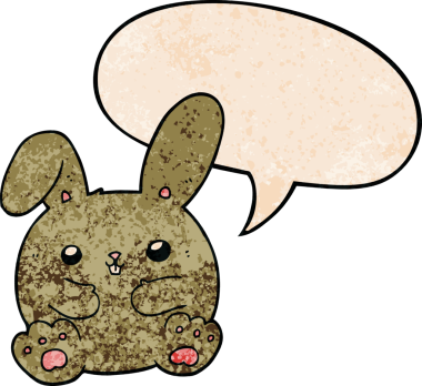 Konuşma baloncuklu çizgi film tavşanı insan tarafından çizilmiş.