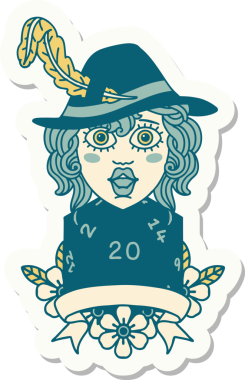 Bir insan ozan karakterinin çıkartması. Bir insan tarafından çizilmiş doğal 20 zar.