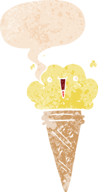 Yüzünde konuşma kabarcığı olan karikatür dondurması bir insan tarafından çizilmiş dertli retro tarzı.