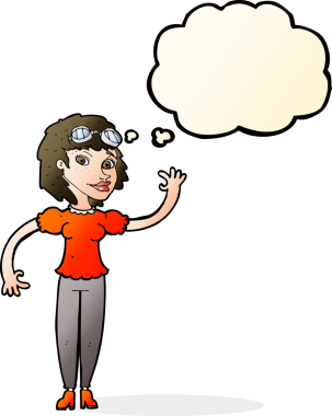 Bir insan tarafından çizilmiş düşünce baloncuğuyla el sallayan çizgi film pilotu kadın.