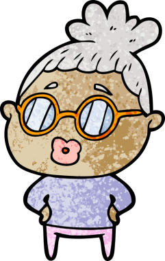 Bir insan tarafından çizilmiş gözlüklü bir kütüphaneci kadın.